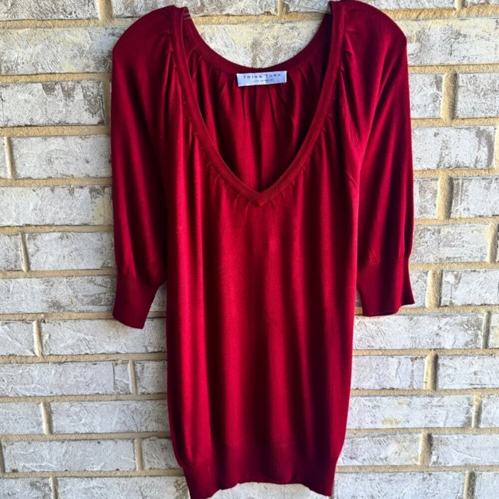 Trina Turk V Neck 3/4 Dolman Sleeve Silk Blend Tunic Sweater Women's Size S